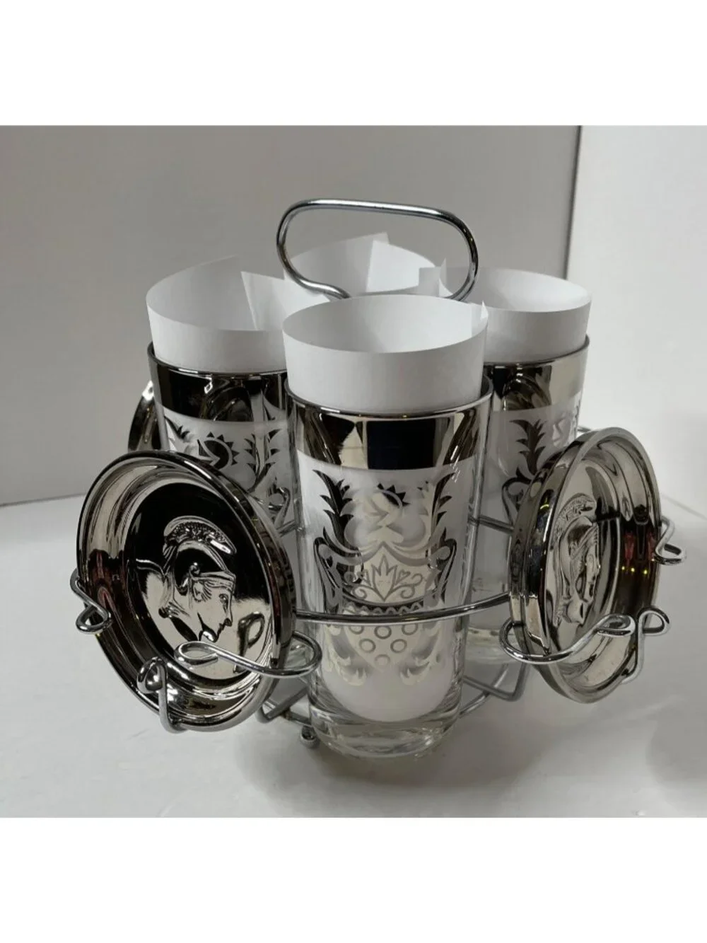 MCM Kimiko Highball Glasses and Coasters Set Barware Silver Knight